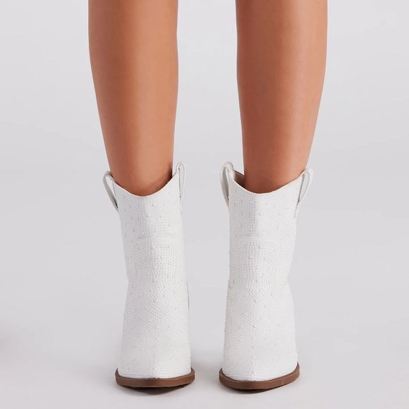NEW🔥Ivory Faux Pearl Embellished Cowboy Cowgirl Western Heel Ankle Booties Boot - Picture 5 of 12